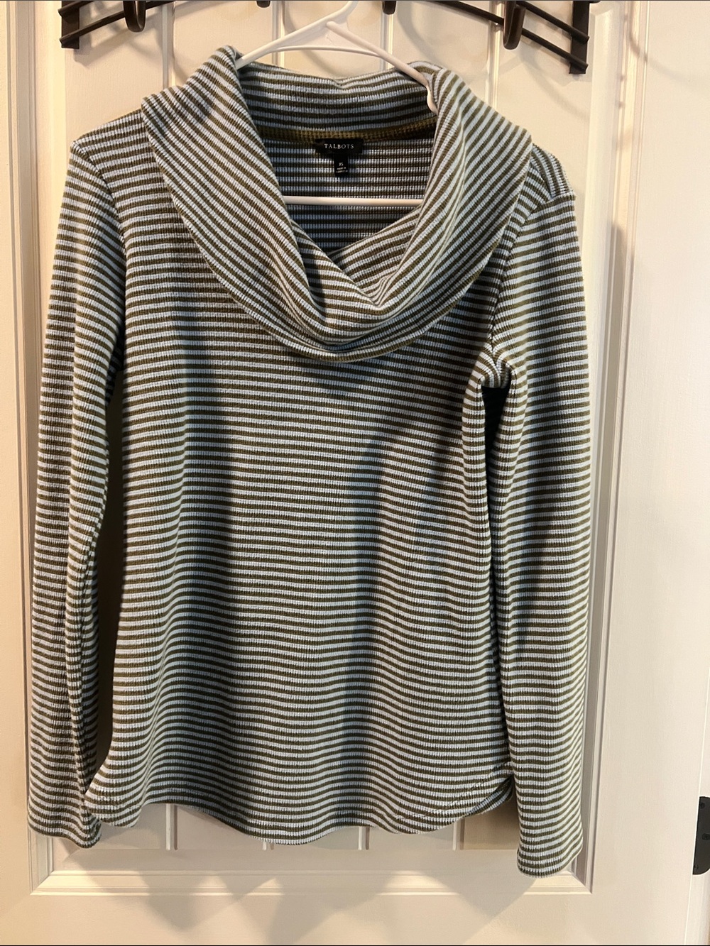 Talbots Green & White Striped Cowl Neck Sweater